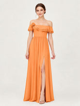 Tiered Ruffled Off-the-Shoulder A-Line Gown with Slit Orange