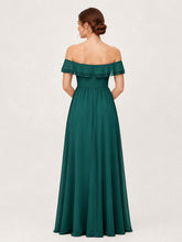 Tiered Ruffled Off-the-Shoulder A-Line Gown with Slit Peacock