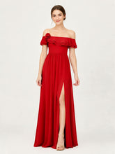 Tiered Ruffled Off-the-Shoulder A-Line Gown with Slit Red
