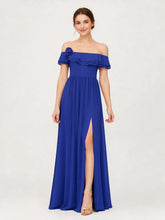 Tiered Ruffled Off-the-Shoulder A-Line Gown with Slit Royal Blue