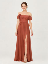 Tiered Ruffled Off-the-Shoulder A-Line Gown with Slit Rust