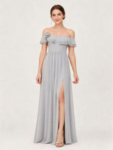 Tiered Ruffled Off-the-Shoulder A-Line Gown with Slit Silver
