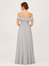 Tiered Ruffled Off-the-Shoulder A-Line Gown with Slit Silver