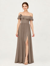 Tiered Ruffled Off-the-Shoulder A-Line Gown with Slit Taupe