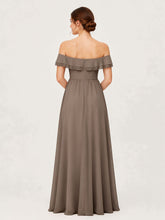 Tiered Ruffled Off-the-Shoulder A-Line Gown with Slit Taupe
