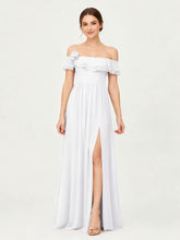 Tiered Ruffled Off-the-Shoulder A-Line Gown with Slit White
