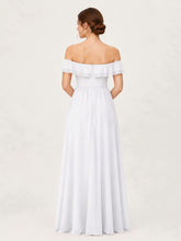 Tiered Ruffled Off-the-Shoulder A-Line Gown with Slit White