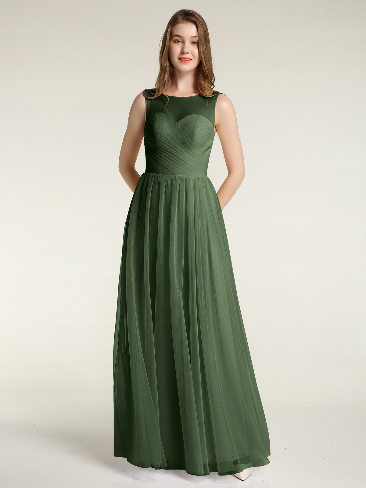 V-neck Tulle Floor Length Bridesmaid Dress Dark Green Plus Size