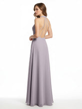 Halter Chiffon Long Bridesmaid Gowns with Low Back-Dusk