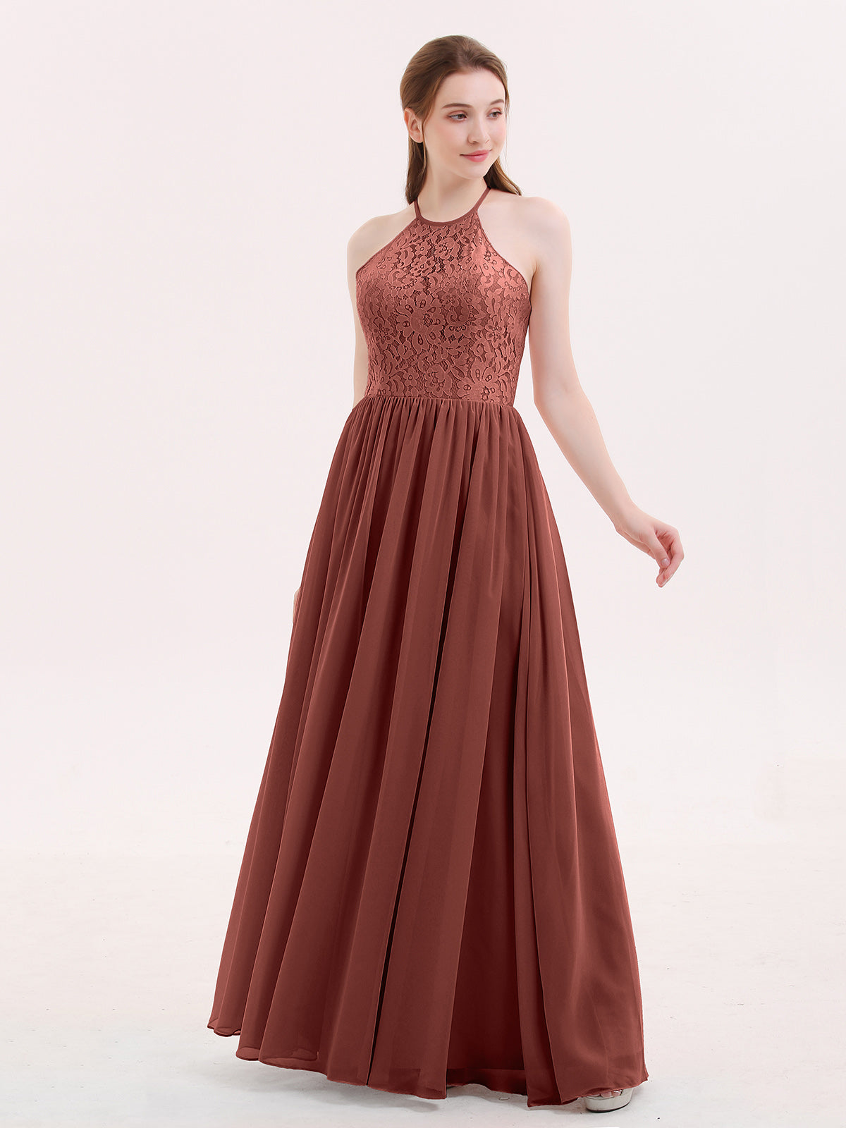 Strapless Long Chiffon Gown with Pleated Bodice Terracotta