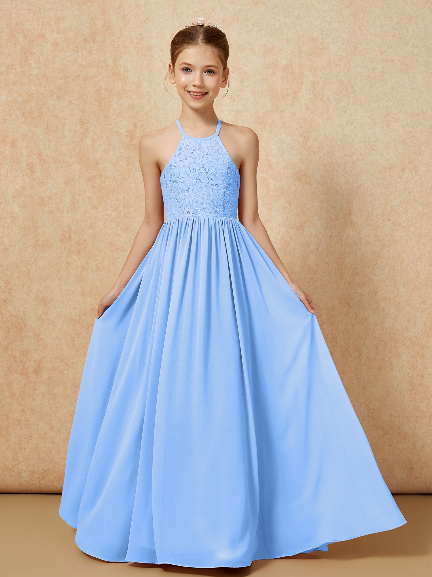 Sleeveless Pleated Chiffon Long Junior Bridesmaid Dress Steel Grey