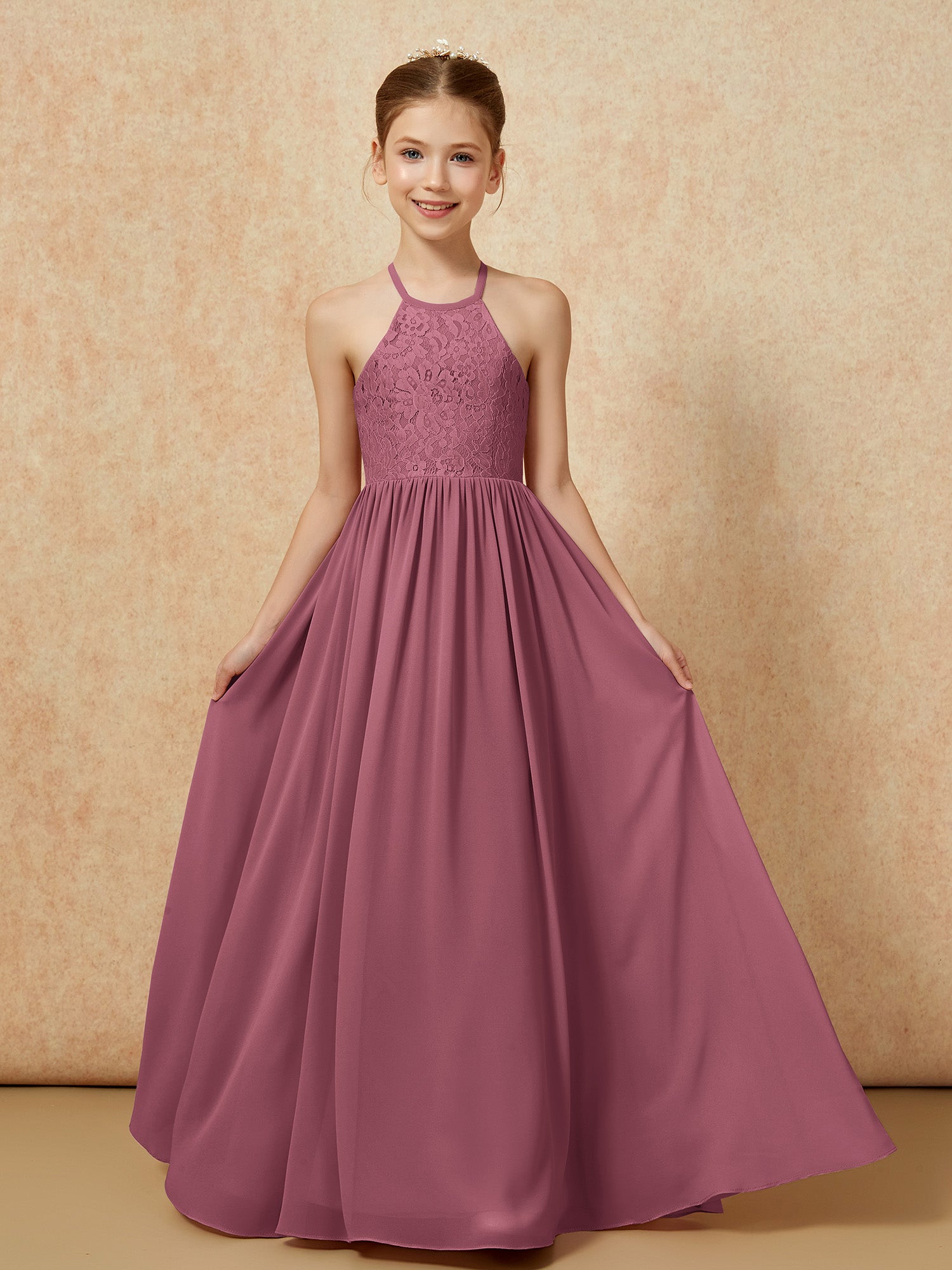 Sleeveless Pleated Chiffon Long Junior Bridesmaid Dress Ivory