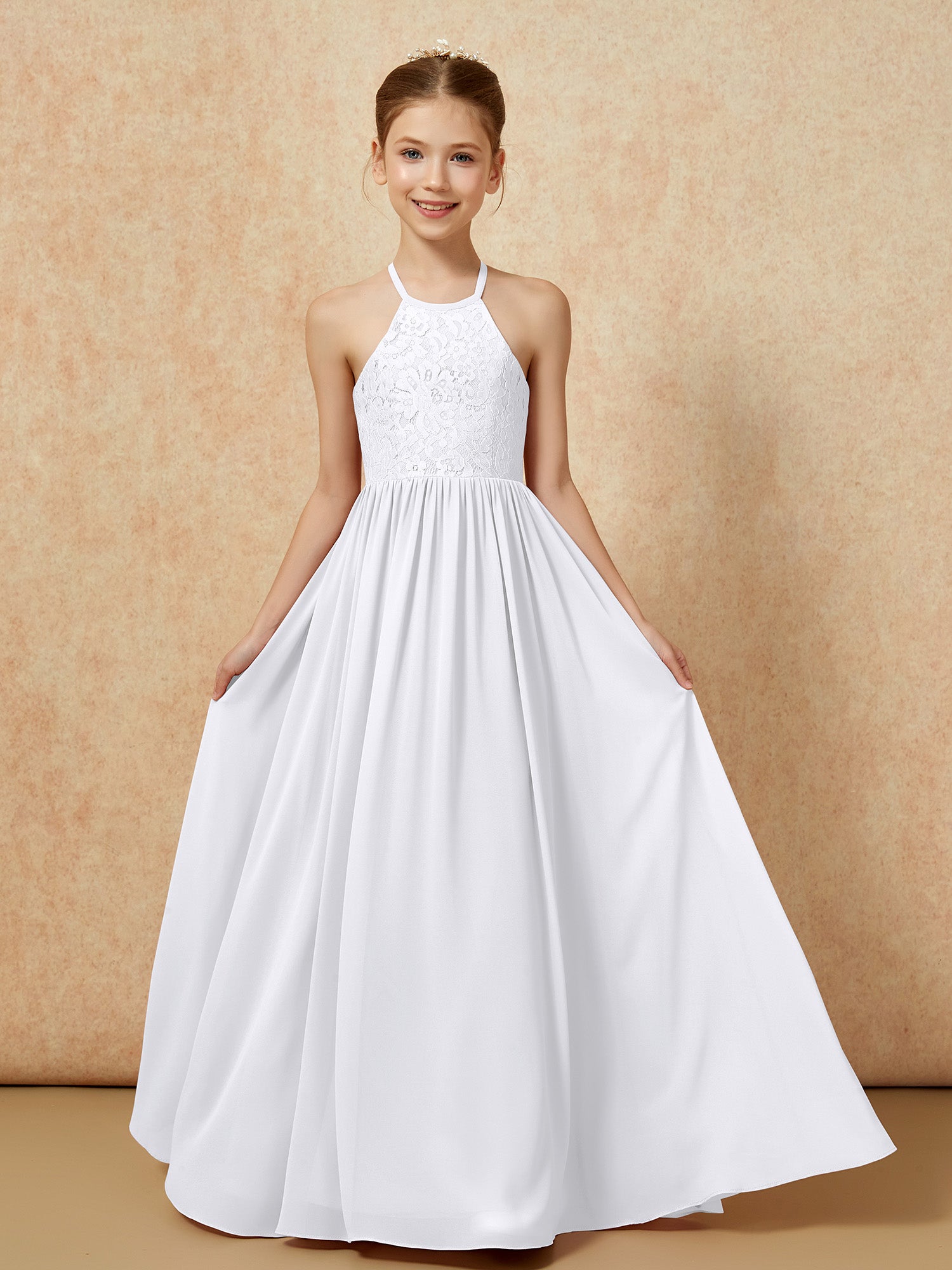 Pleated Lace Chiffon Long Junior Bridesmaid Gown Green