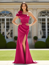 Flower One Shoulder Pleated Mermaid Dress With Slit Fuchsia