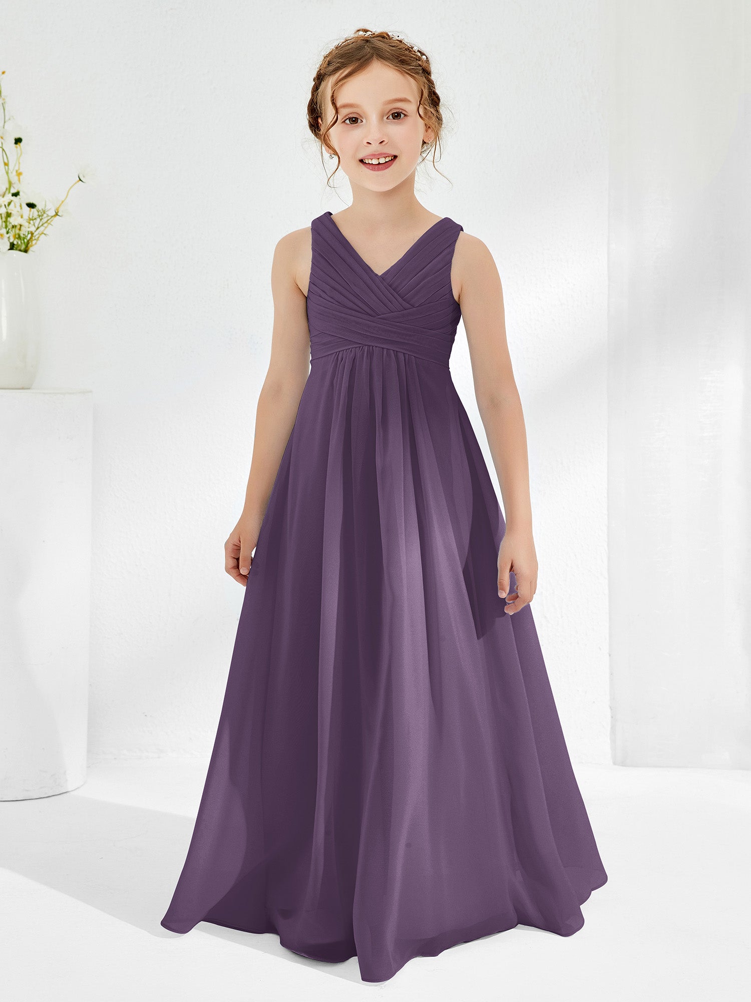 BABARONI Chiffon Plum Junior Bridesmaid Dresses A-line V-neck