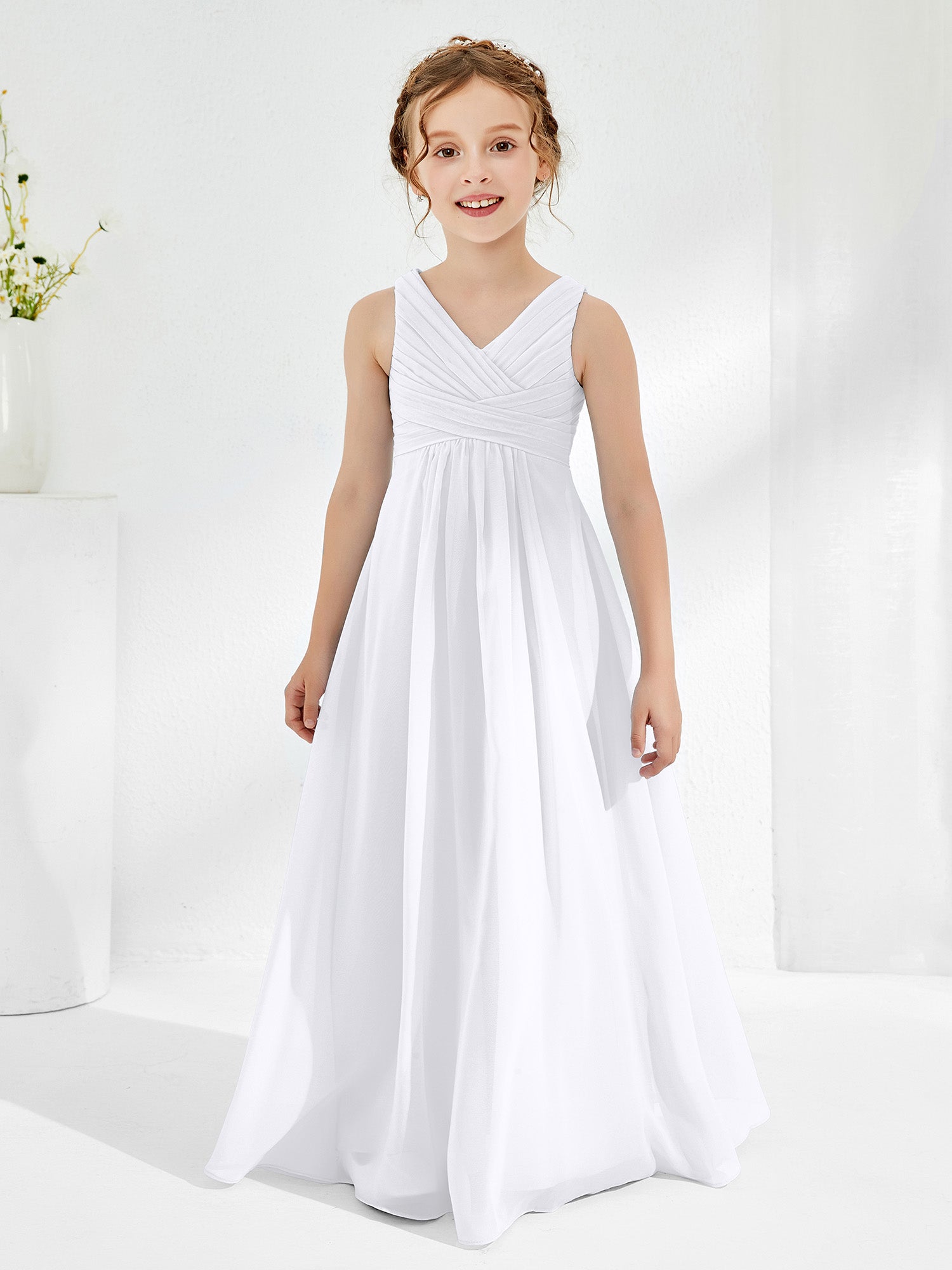 BABARONI Chiffon White Junior Bridesmaid Dresses A-line V-neck