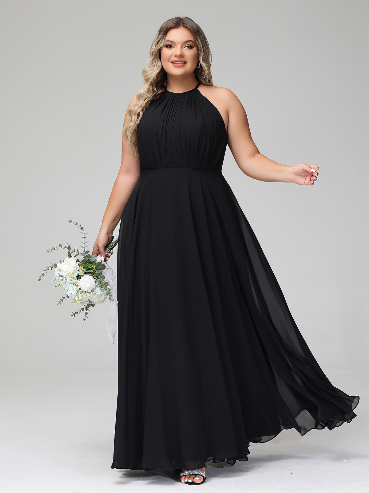 BABARONI Plus Size Black Bridesmaid Dress Halter Neck Chiffon Maxi Gown with Circle Skirt BABARONI Plus Size Black Bridesmaid Dress Halter Neck Chiffon Maxi Gown with Circle Skirt