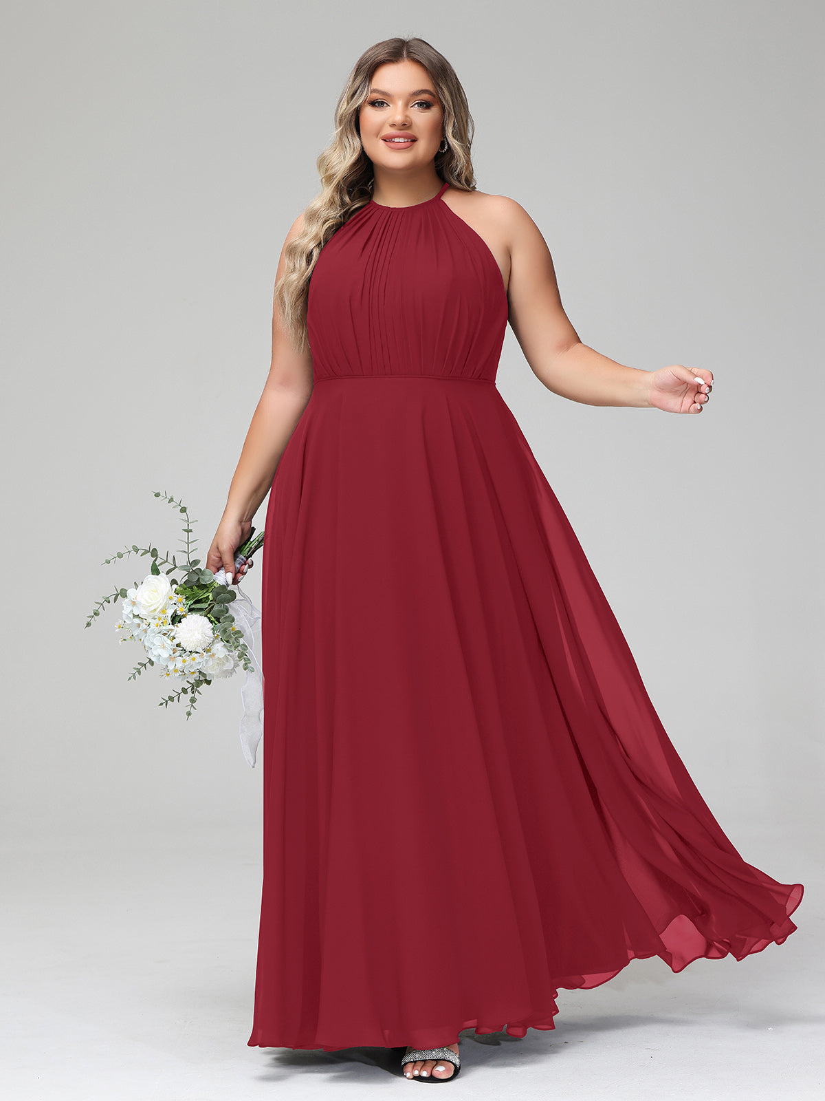 Burgundy Plus Size Chiffon Bridesmaid Dress BABARONI Halter Neck Maxi Flowy Skirt Gown Burgundy Plus Size Chiffon Bridesmaid Dress BABARONI Halter Neck Maxi Flowy Skirt Gown
