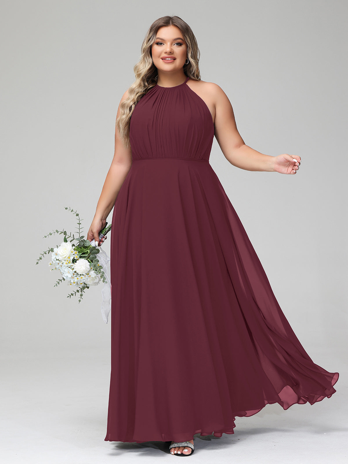 Cabernet Plus Size Chiffon Bridesmaid Dress BABARONI Halter Neck Maxi Flowy Skirt Gown Cabernet Plus Size Chiffon Bridesmaid Dress BABARONI Halter Neck Maxi Flowy Skirt Gown