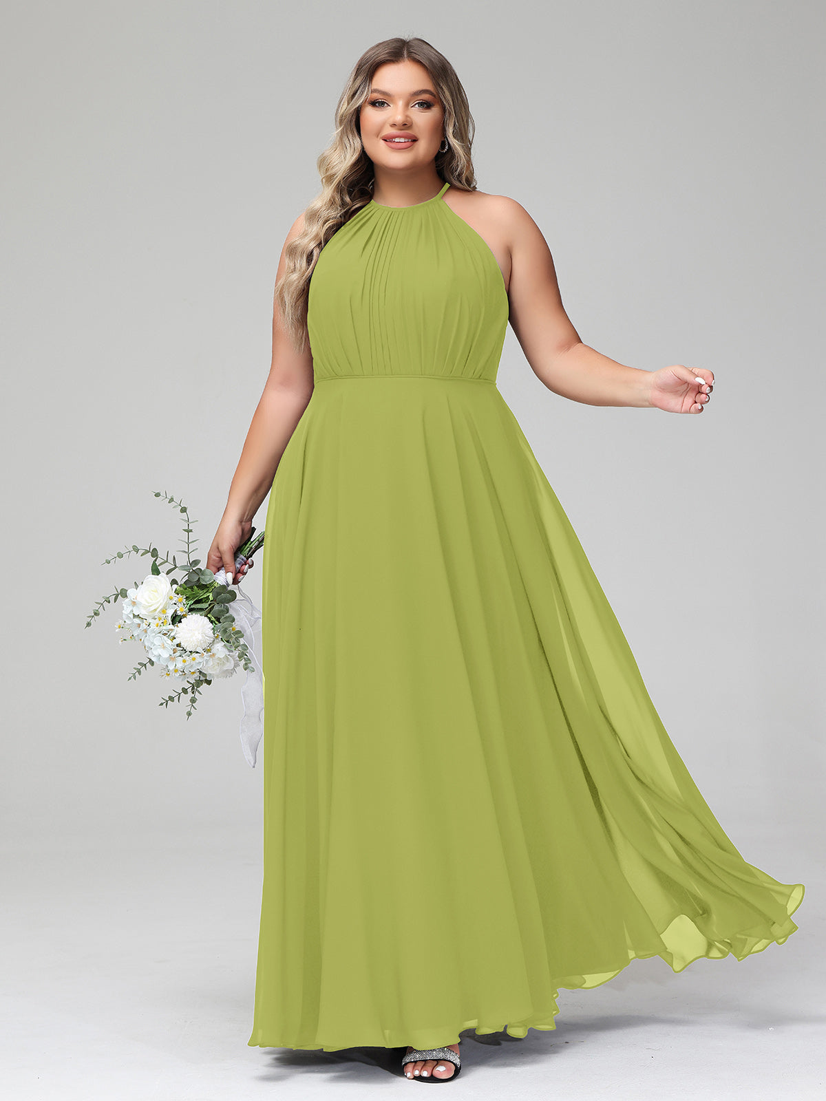 Clover Plus Size Chiffon Bridesmaid Dress BABARONI Halter Neck Maxi Flowy Skirt Gown Clover Plus Size Chiffon Bridesmaid Dress BABARONI Halter Neck Maxi Flowy Skirt Gown