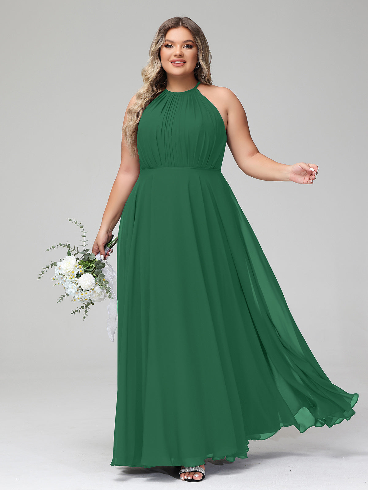 Dark Green Plus Size Chiffon Bridesmaid Dress BABARONI Halter Neck Maxi Flowy Skirt Gown Dark Green Plus Size Chiffon Bridesmaid Dress BABARONI Halter Neck Maxi Flowy Skirt Gown