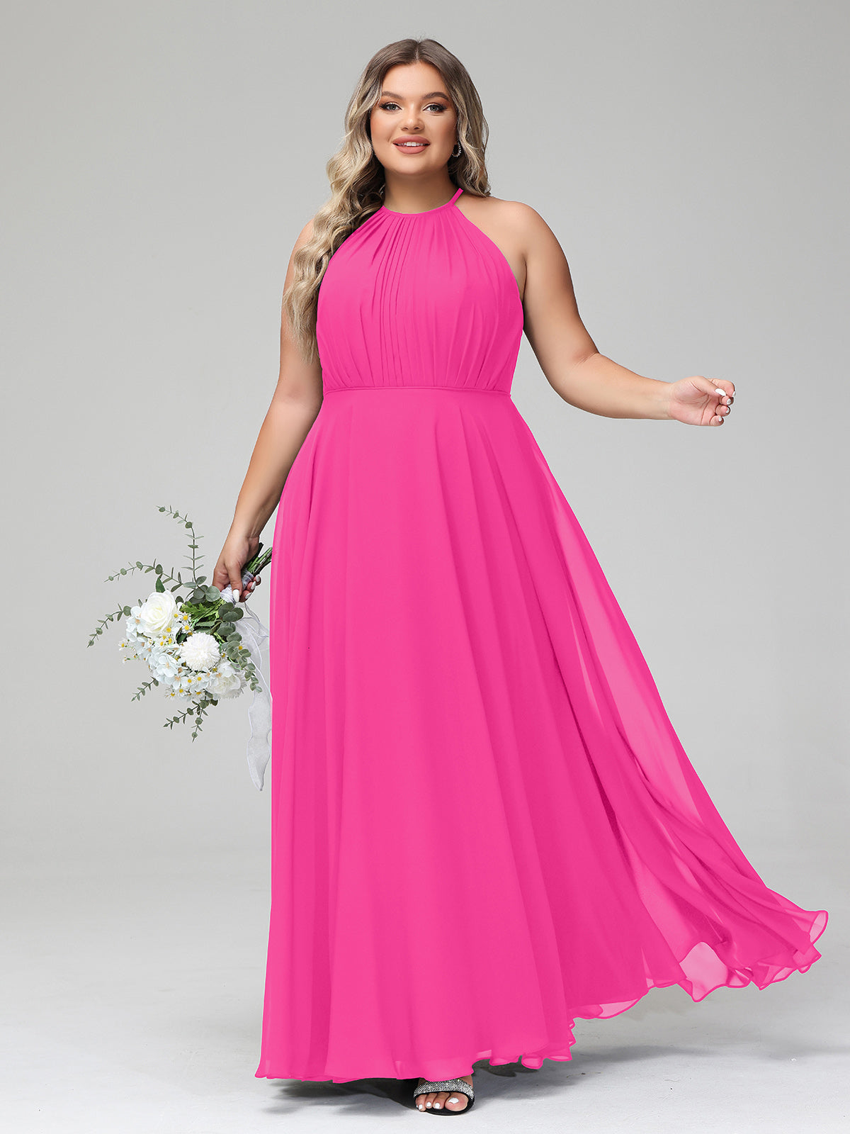 Halter Long Chiffon Dress with Open Back Cinnamon Rose Plus Size
