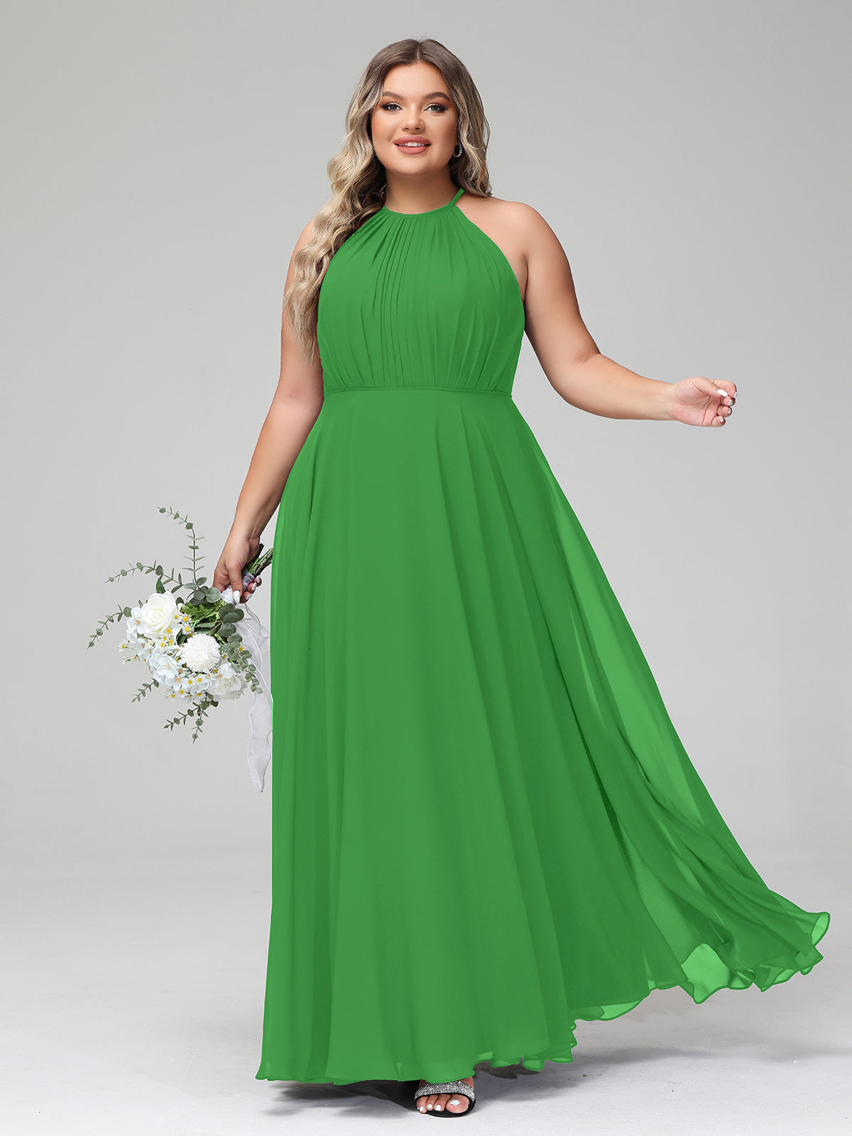 Green Plus Size Chiffon Bridesmaid Dress BABARONI Halter Neck Maxi Flowy Skirt Gown