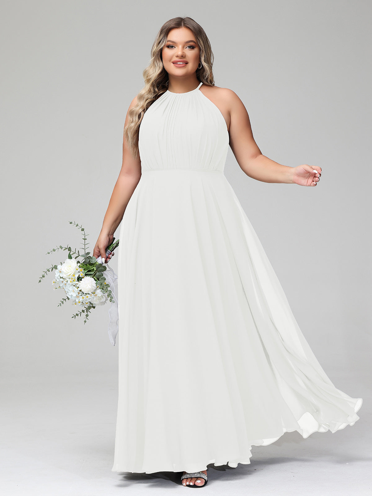 Ivory Plus Size Chiffon Bridesmaid Dress BABARONI Halter Neck Maxi Flowy Skirt Gown Ivory Plus Size Chiffon Bridesmaid Dress BABARONI Halter Neck Maxi Flowy Skirt Gown