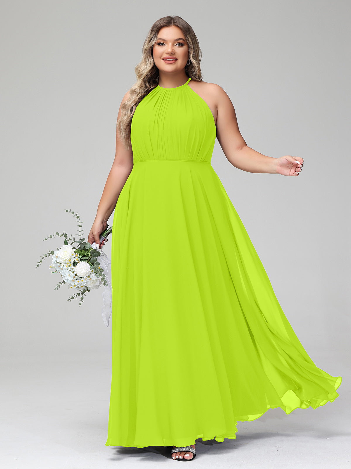 Lime Green Plus Size Chiffon Bridesmaid Dress BABARONI Halter Neck Maxi Flowy Skirt Gown Lime Green Plus Size Chiffon Bridesmaid Dress BABARONI Halter Neck Maxi Flowy Skirt Gown
