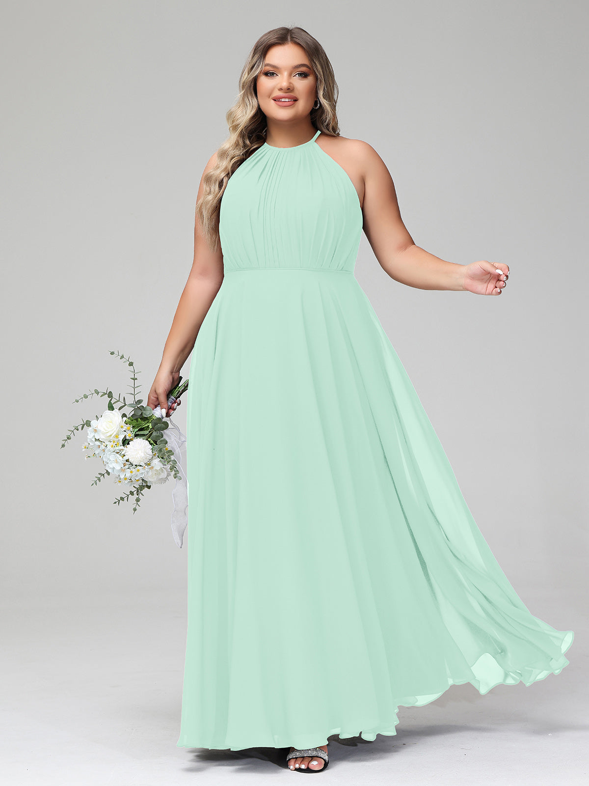 Mint Green Plus Size Chiffon Bridesmaid Dress BABARONI Halter Neck Maxi Flowy Skirt Gown Mint Green Plus Size Chiffon Bridesmaid Dress BABARONI Halter Neck Maxi Flowy Skirt Gown