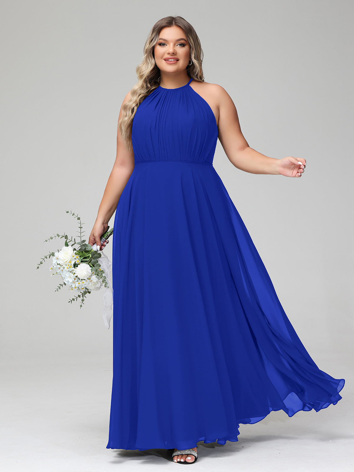 Chiffon Long Dresses with V Neckline Royal Blue Plus Size