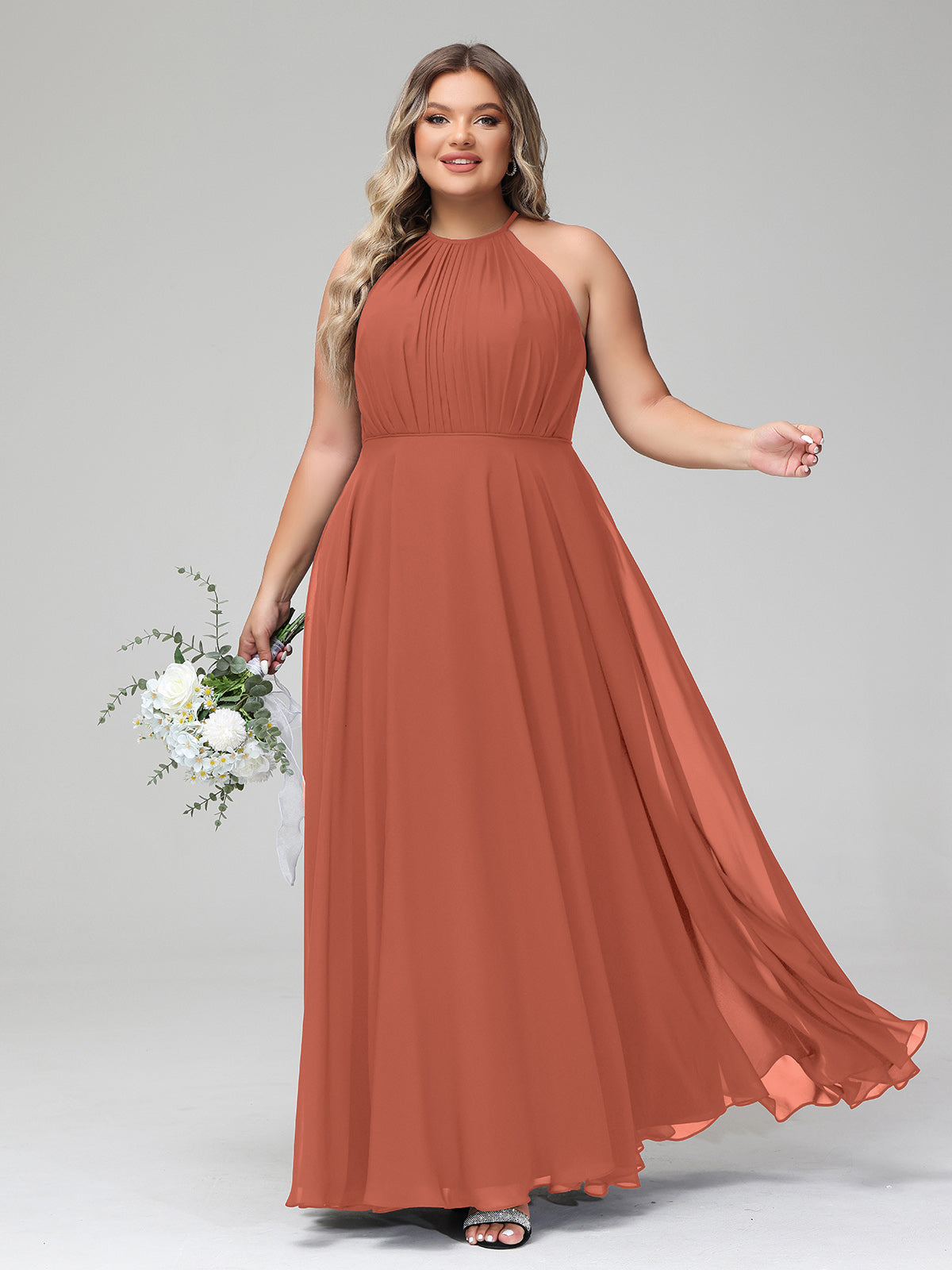 Halter Neck Max Chiffon Dresses with Slit Black Plus Size main image 0