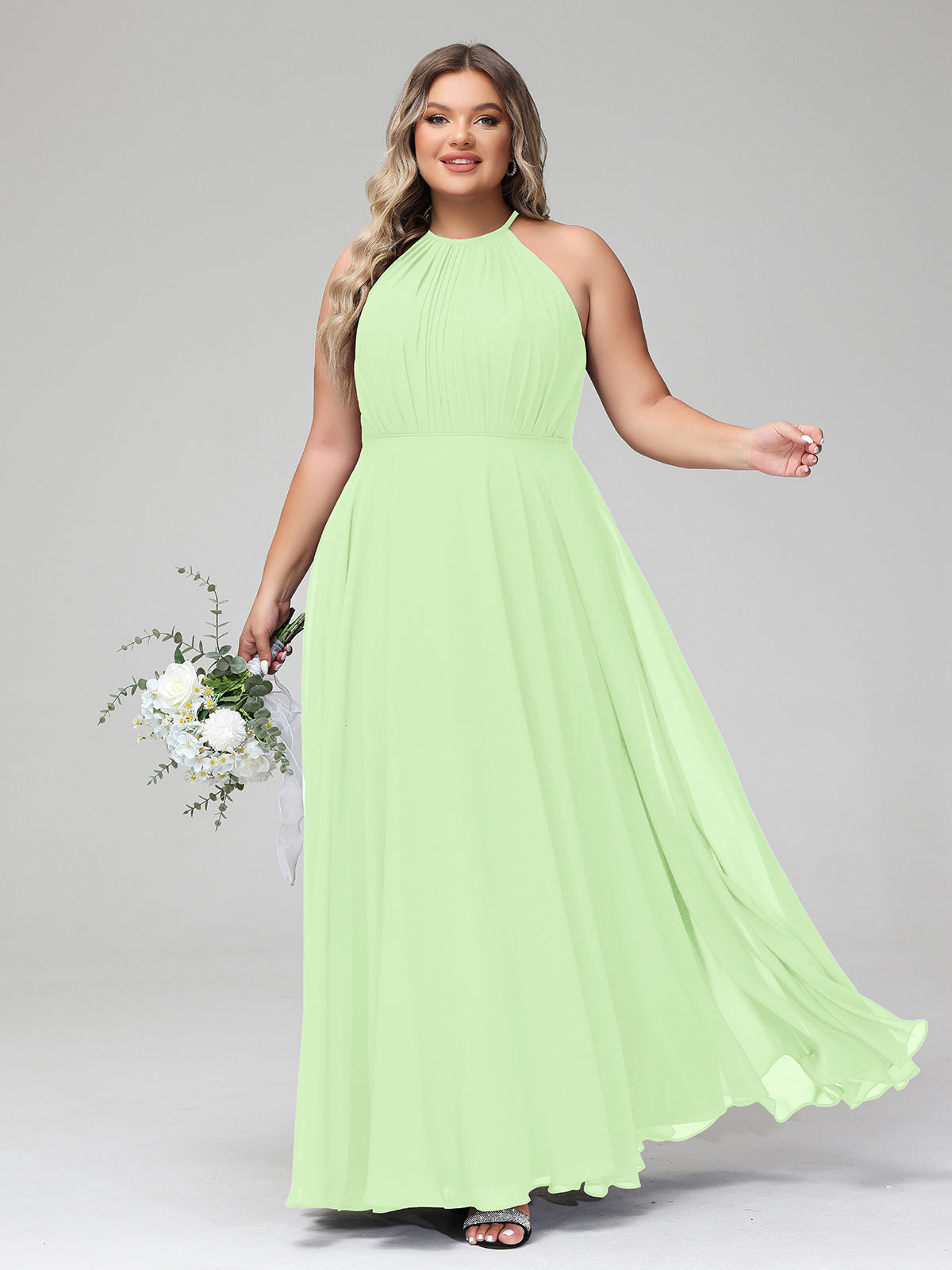 BABARONI Halter Neck Chiffon Maxi Dress with Circle Skirt-Sage Plus size, Sage / US18