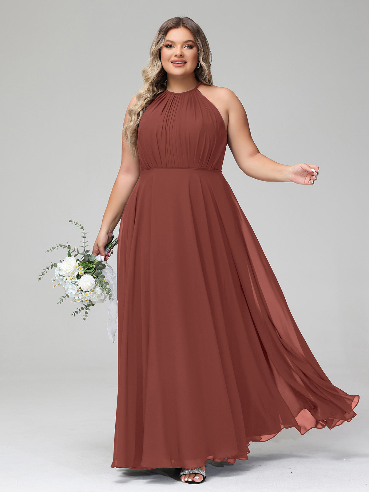 terra cotta dresses Terracotta Plus Size Chiffon Bridesmaid Dress BABARONI Halter Neck Maxi Flowy Skirt Gown princess quince dresses Available in full size Georgia 💗 on Instagram: Color:White with Pink Tie
