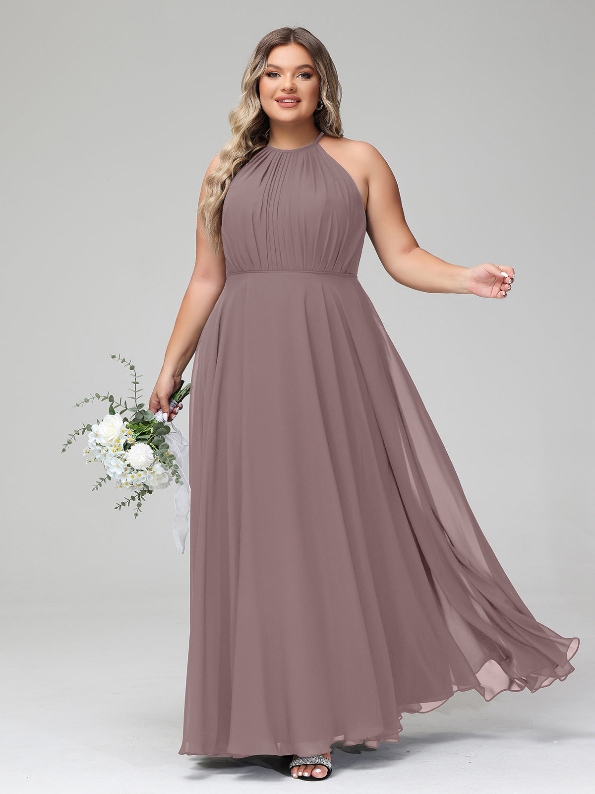 Vintage Mauve Plus Size Chiffon Bridesmaid Dress BABARONI Halter Neck Maxi Flowy Skirt Gown Vintage Mauve Plus Size Chiffon Bridesmaid Dress BABARONI Halter Neck Maxi Flowy Skirt Gown