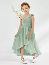 One Flower Shoulder Asymmetrical Junior Bridesmaid Dresses Agave