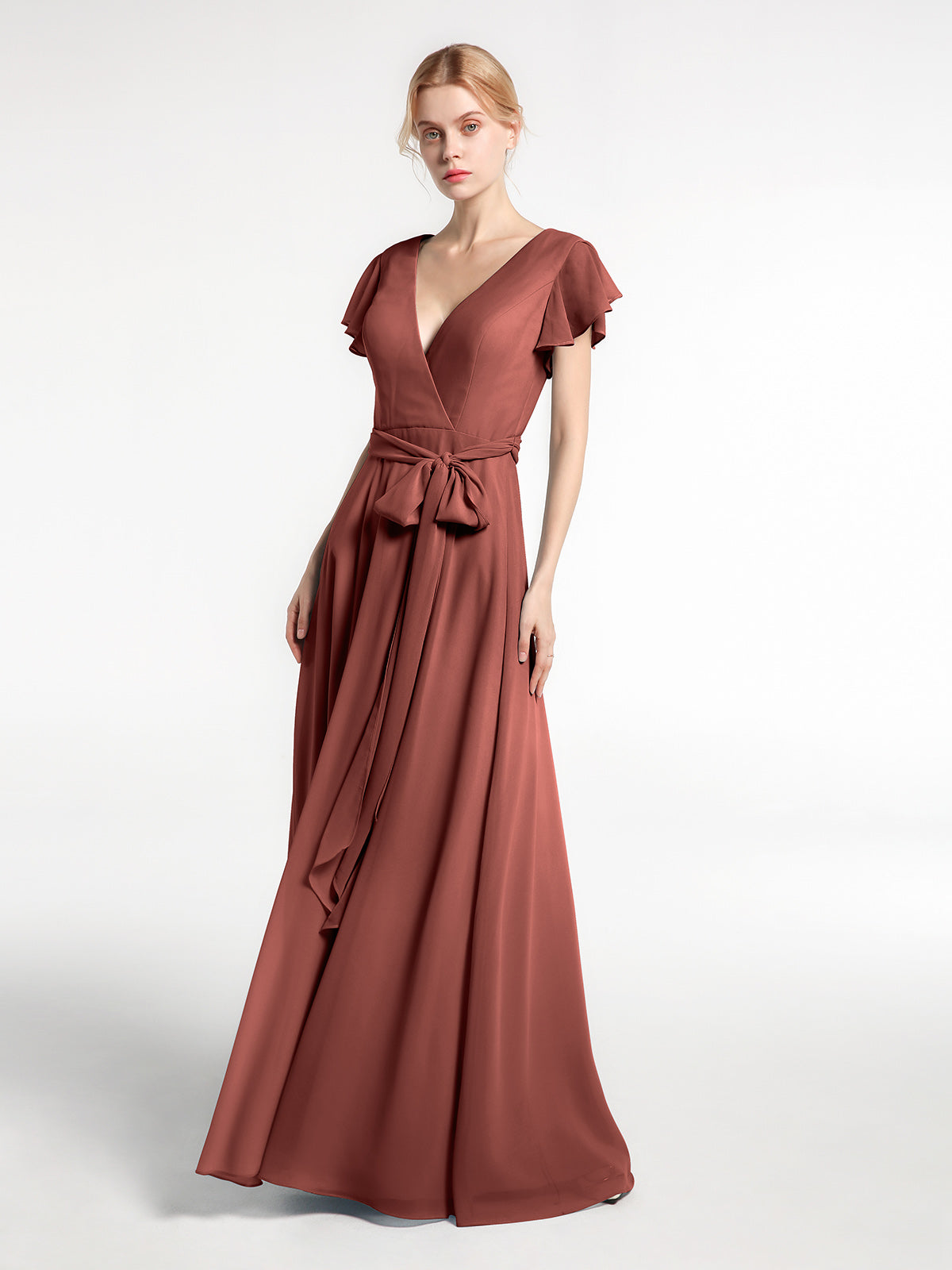 V-neck Cap Sleeves Chiffon Gown with Self-Bow Slate Blue