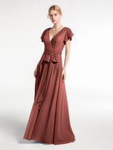 V-neck Cap Sleeves Chiffon Dress with Self-Bow-Terracotta