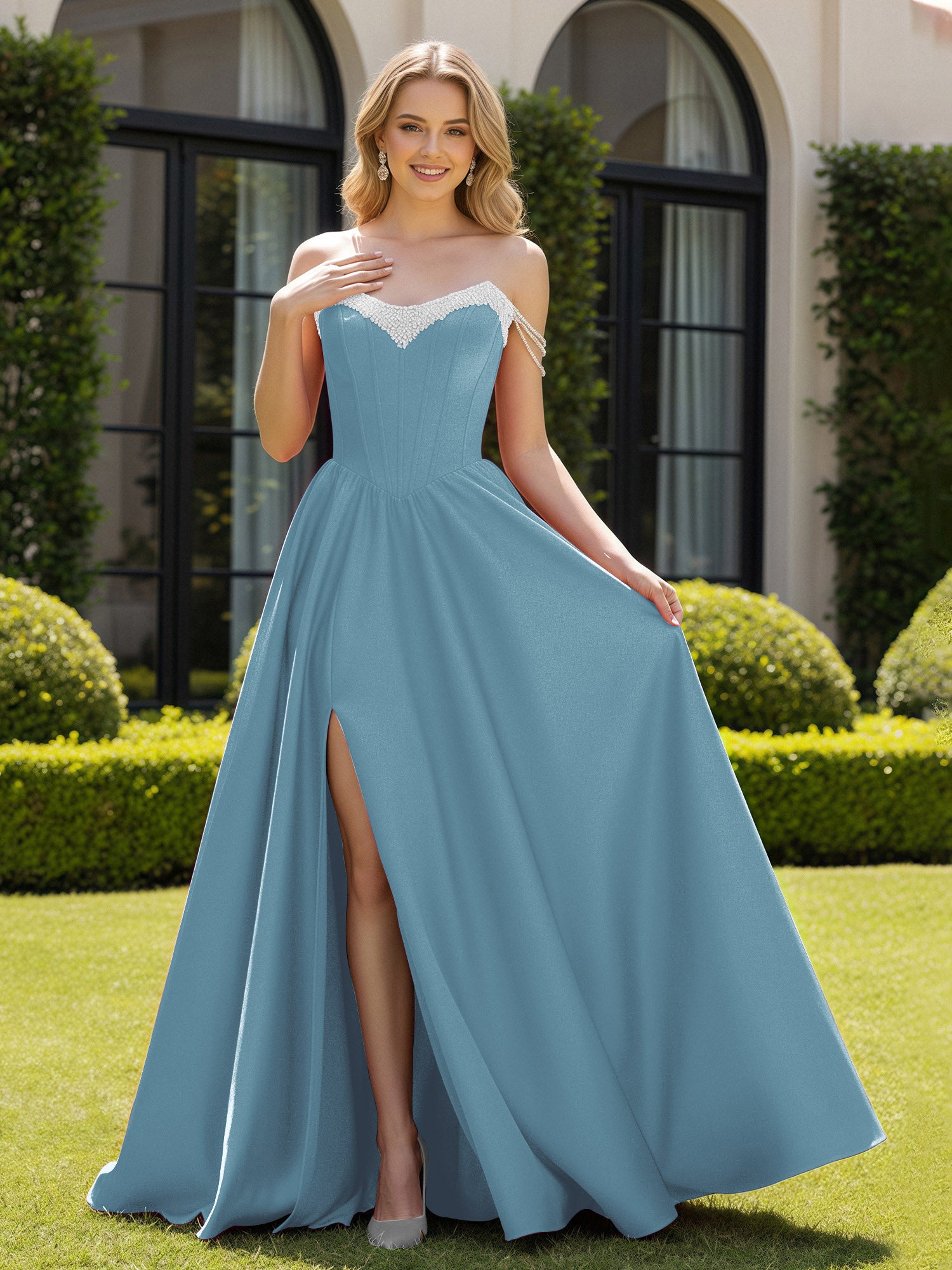 BABARONI Satin Slate Blue Prom Dresses A-line Off-the-shoulder Beaded