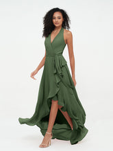 Halter Deep-V Neck Chiffon Asymmetrical Dresses-Olive Green
