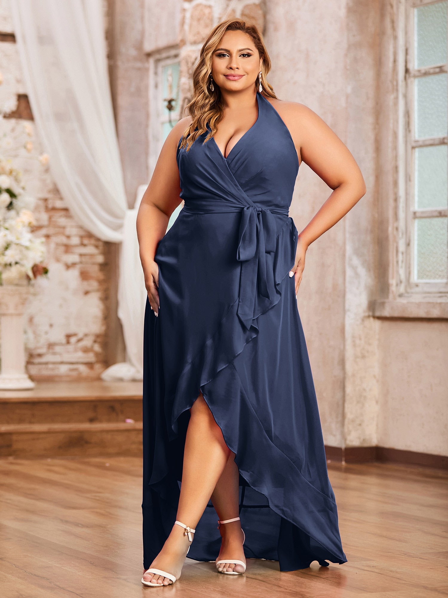 Cicinia Dark Navy Plus Size Mother Of The Bride Dress Long Chiffon A-line Plus Size V-neck Backless Floor Length main image 1