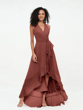 Halter Deep-V Neck Chiffon Asymmetrical Dresses-Terracotta