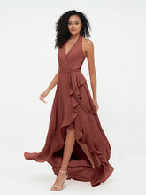 Halter Deep-V Neck Chiffon Asymmetrical Dresses-Terracotta