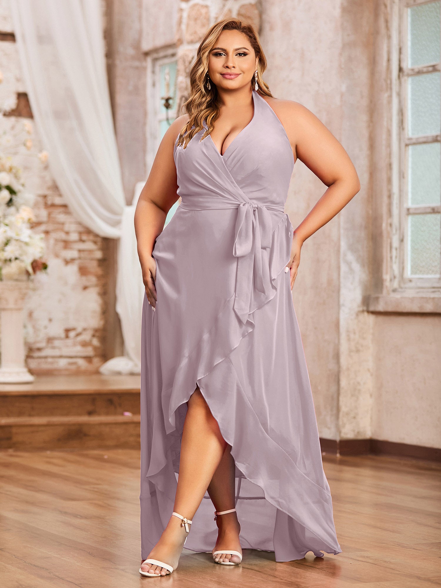 FAUX-WRAP CHIFFON DRESS WITH BLACK Sash Dusk Plus Size main image 1