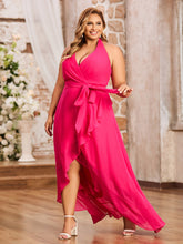 Halter Deep-V Neck Chiffon Asymmetrical Dresses-Fuchsia Plus Size