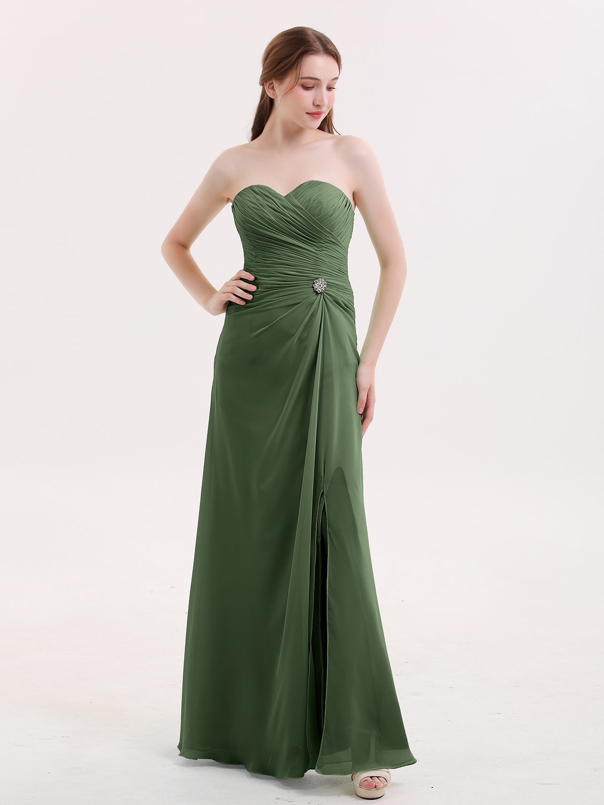 Strapless Transparent Top Pleated Short Dress Olive Green