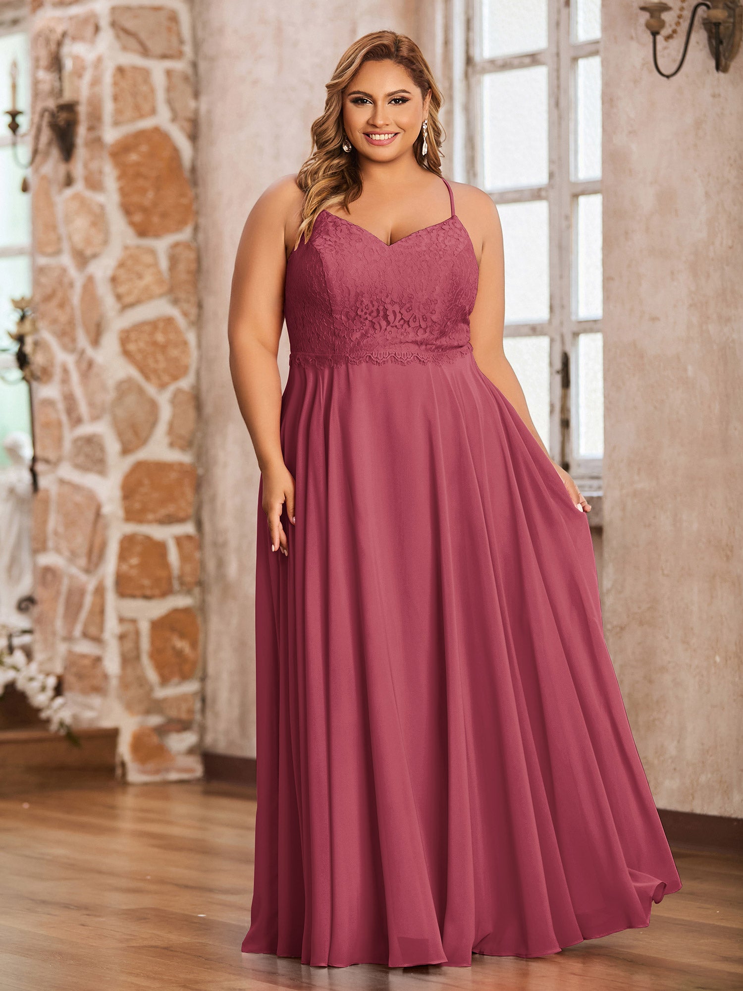 Lace Bodice Chiffon Skirt Long Dresses Cinnamon Rose Plus Size