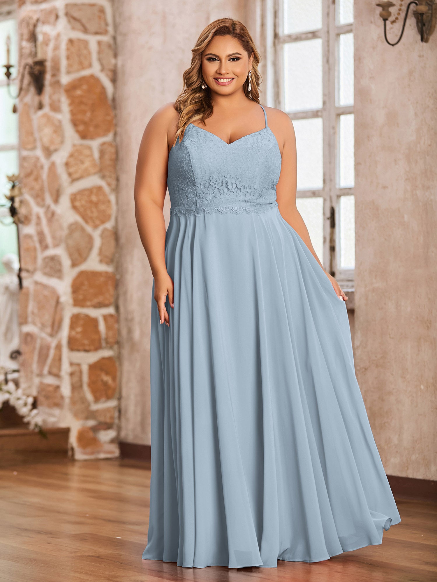 BABARONI Chiffon Dusty Blue Bridesmaid Dresses V-neck Floor-length