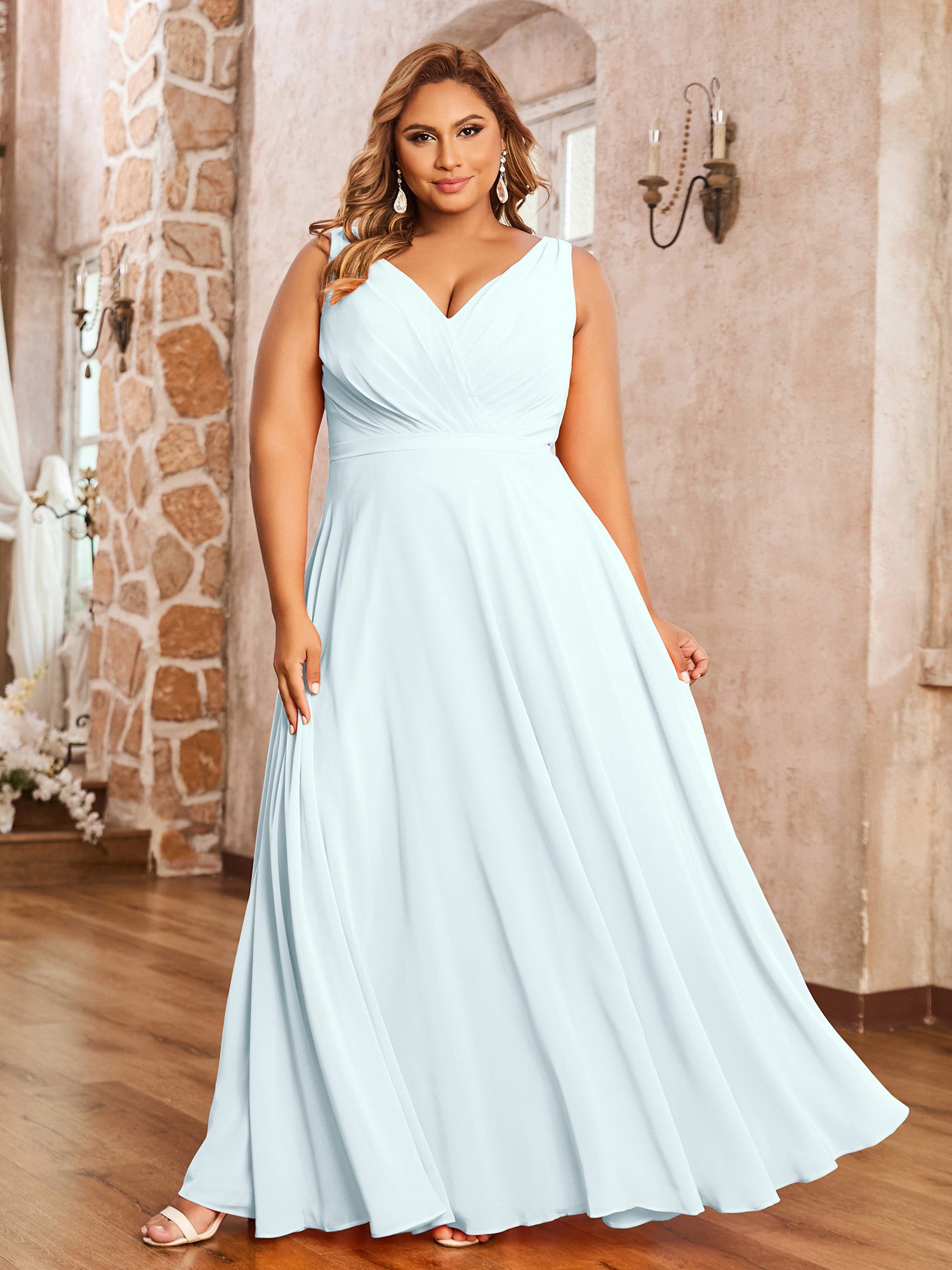 Lace Strap V Neckline Chiffon Bridesmaid Dress Plum