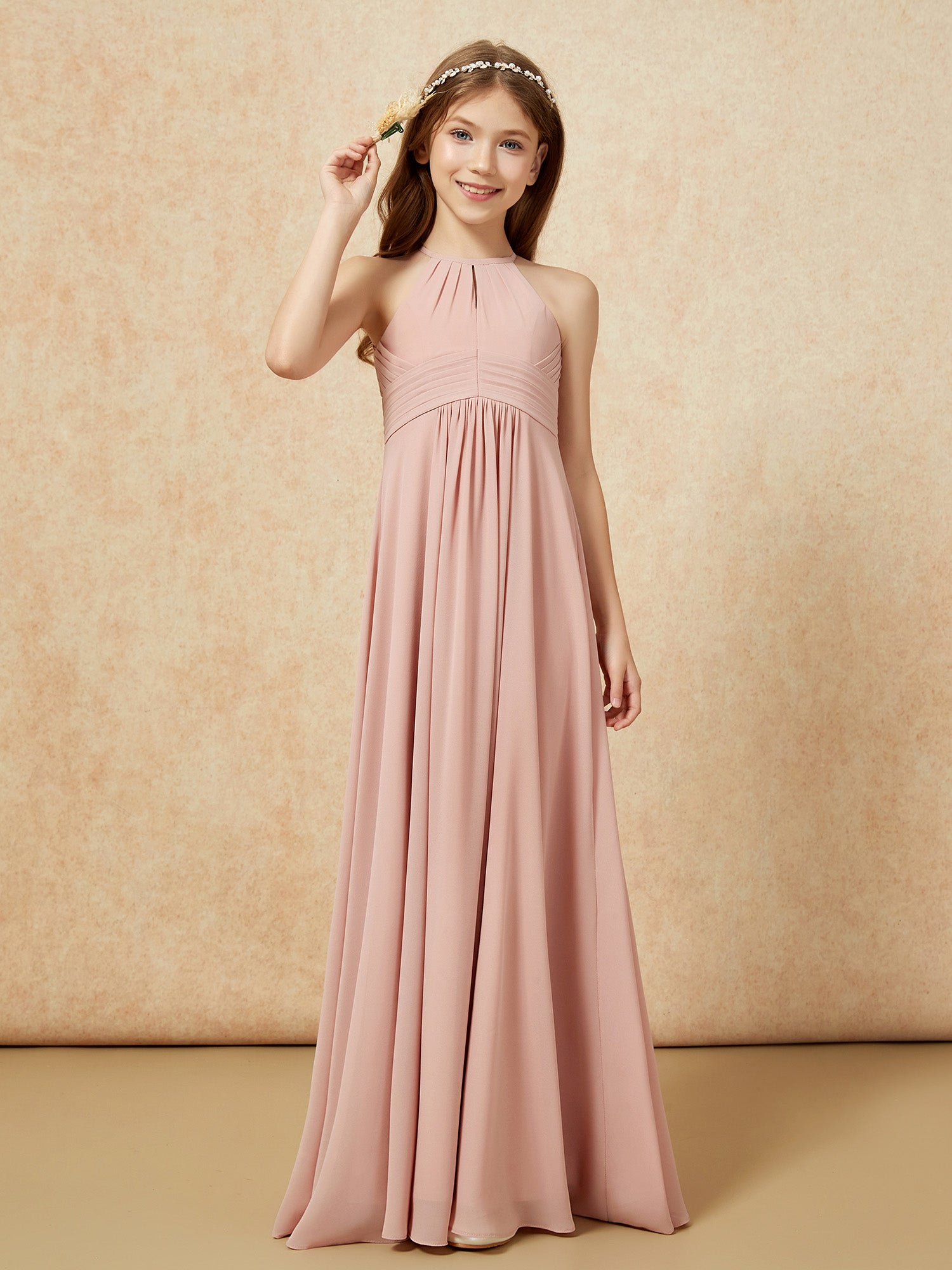 Sleeveless Pleated Chiffon Long Junior Bridesmaid Dress Periwinkle
